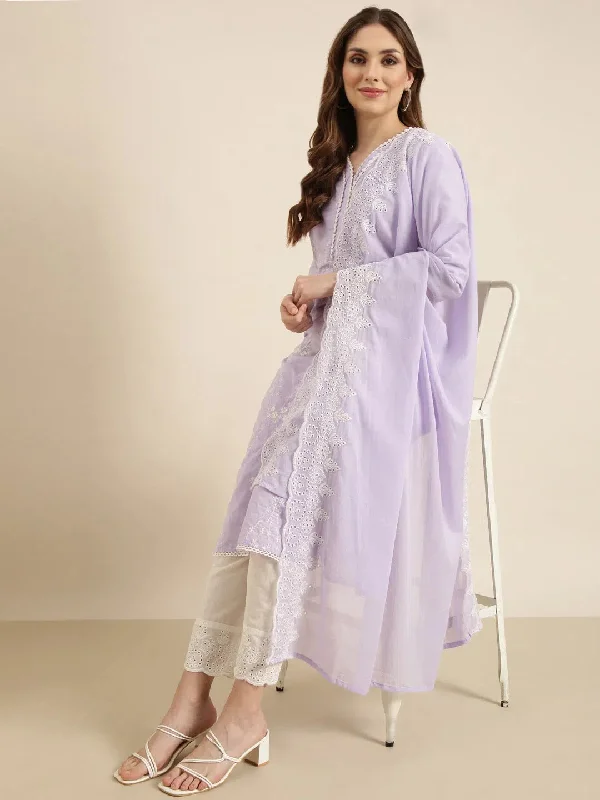 Women Straight Lavender Floral Kurta and Trousers Set Comes With Dupatta-DK-3052-Lavender