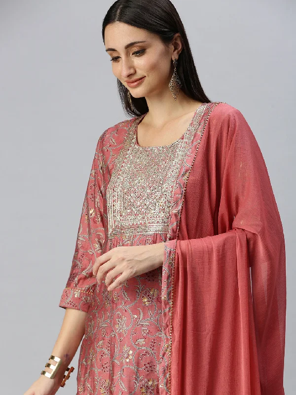 Women Straight Peach Printed Kurta and Trousers Comes with Dupatta-BC1313-Peach