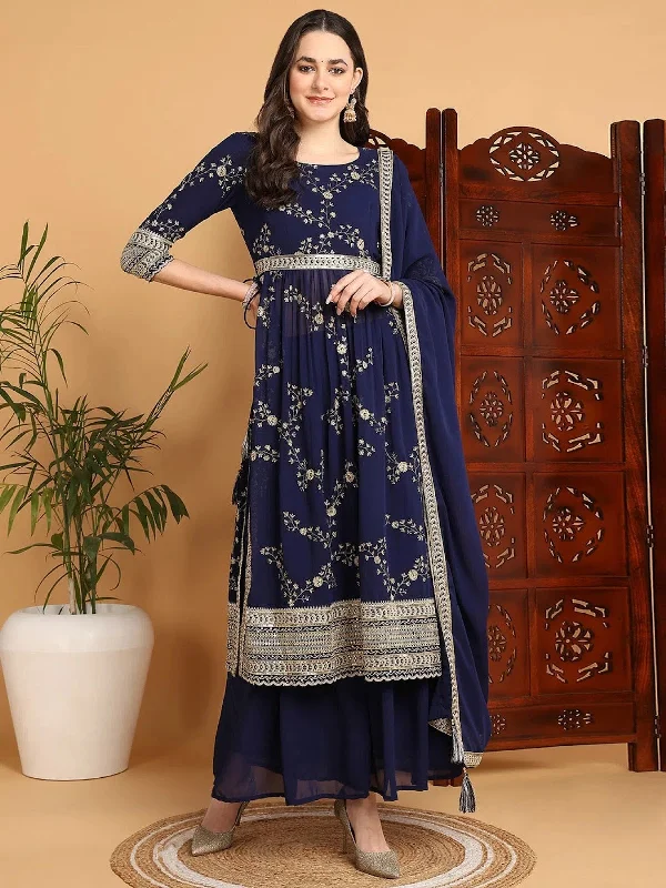 Ahika Women Navy Blue Georgette Embroidered Straight Kurta Palazzo Set With Dupatta