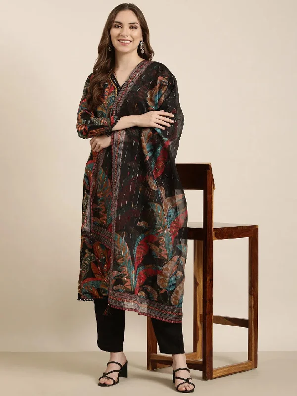 Women Straight Black Floral Kurta and Trousers Set Comes With Dupatta-GW-4554-Black