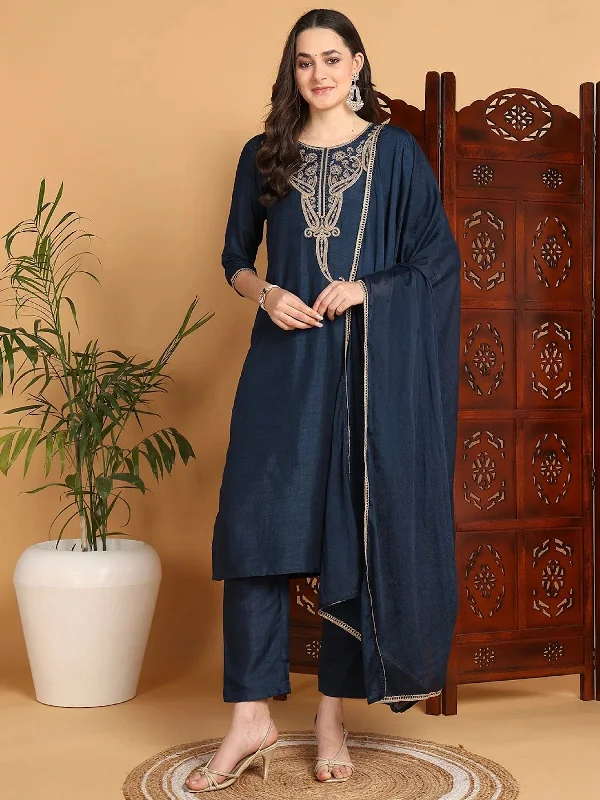 Ahika Women Blue Silk Blend Embroidered Straight Kurta Pant Set With Dupatta-PKSKD2176_XS