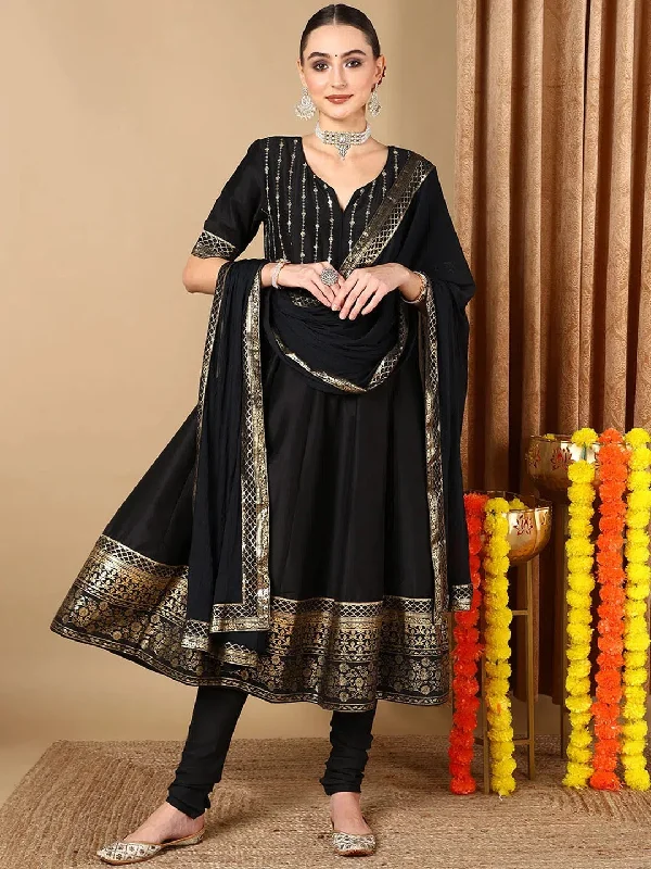 Ahika Women Black Silk Blend Solid Woven Design Kurta Churidar With Dupatta