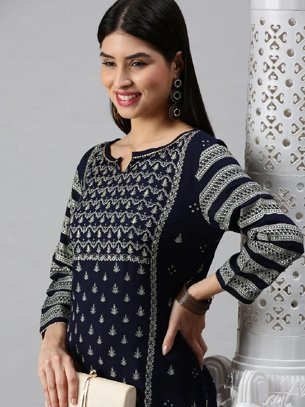 Women Straight Navy Blue Printed Kurta and Trousers-BC1066-Navyblue-Beige