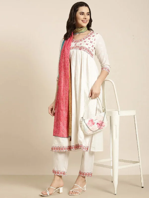 Women A-Line Off White Solid Kurta and Trousers Set Comes With Dupatta-GW-4289-Offwhite