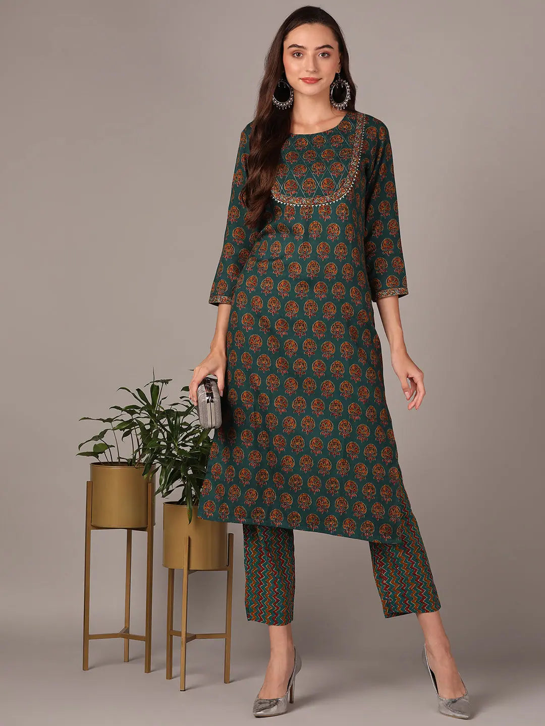 Ahika Women Green Cotton Blend Ethnic Motifs Printed Yoke Design Straight Kurta With Trouser