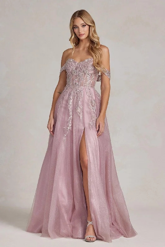 Nox Anabel E1128 Long Off Shoulder Beaded Prom Gown