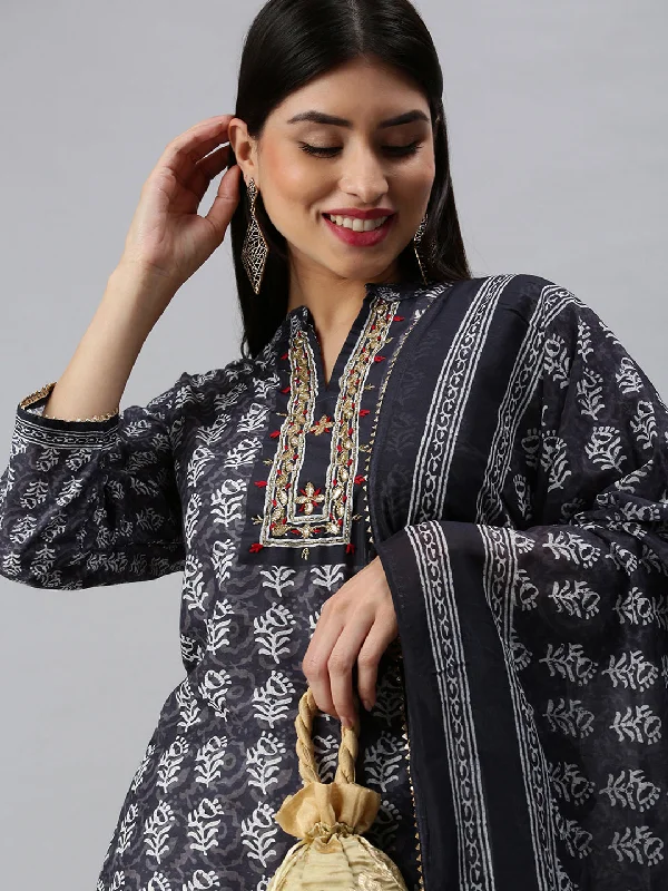 Women Straight Grey Printed Kurta and Trousers-BC1273-Grey