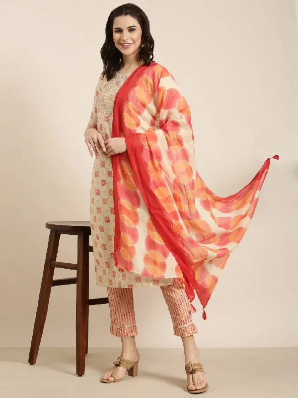 Women Straight Beige Geometric Kurta and Trousers Set Comes With Dupatta-AT-KPD-1119-Beige