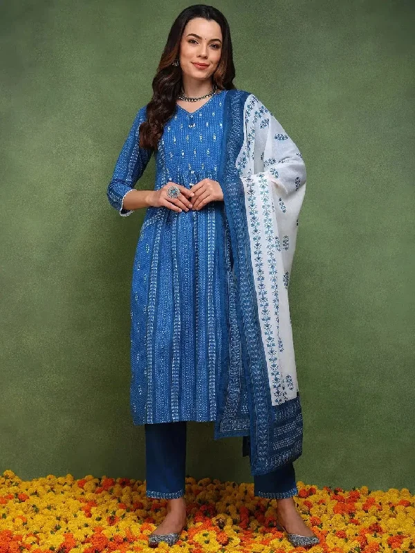 Ahika Women Blue Pure Cotton Ethnic Motifs Printed Straight Kurta Trouser With Dupatta-JPSKD1028BLU_M