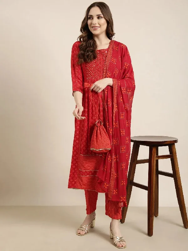 Women A-Line Red Geometric Kurta and Trousers Set Comes With Dupatta and Potli Bag-GW-4039-Red