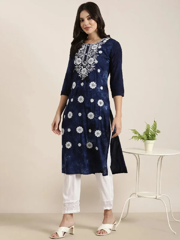 Women Straight Navy Blue Floral Kurta and Trousers Set-RJF-054-Navyblue