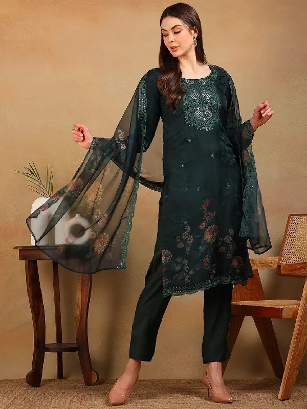 Ahika Women Green Organza Embroidered Straight Kurta Pant Set With Dupatta-PKSKD2305_S