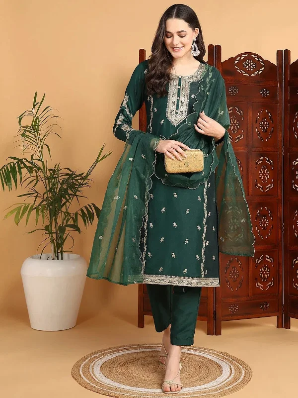 Ahika Women Green Silk Blend Embroidered Straight Kurta Pant Set With Dupatta-PKSKD2197_S