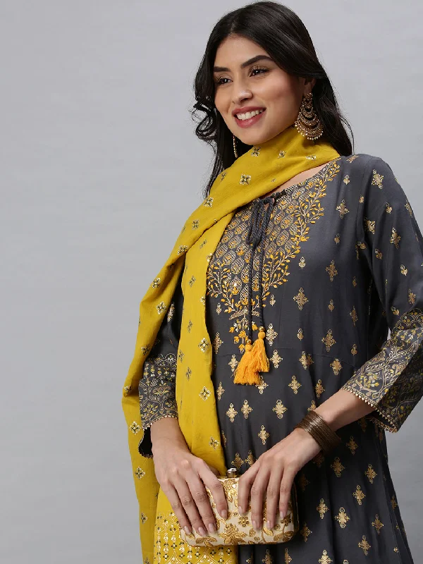 Women A-Line Grey Printed Kurta and Trousers-BC1250-Grey-Yellow