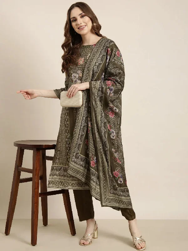 Women Straight Olive Floral Kurta and Trousers Set Comes With Dupatta-BC-SK-1880-Olive