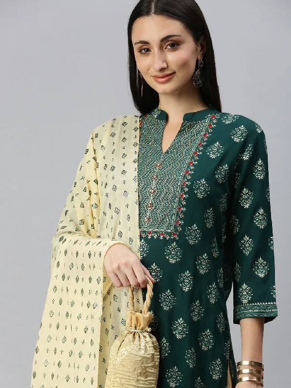 Women Straight Green Printed Kurta and Sharara Comes with Dupatta-BC1222-Green