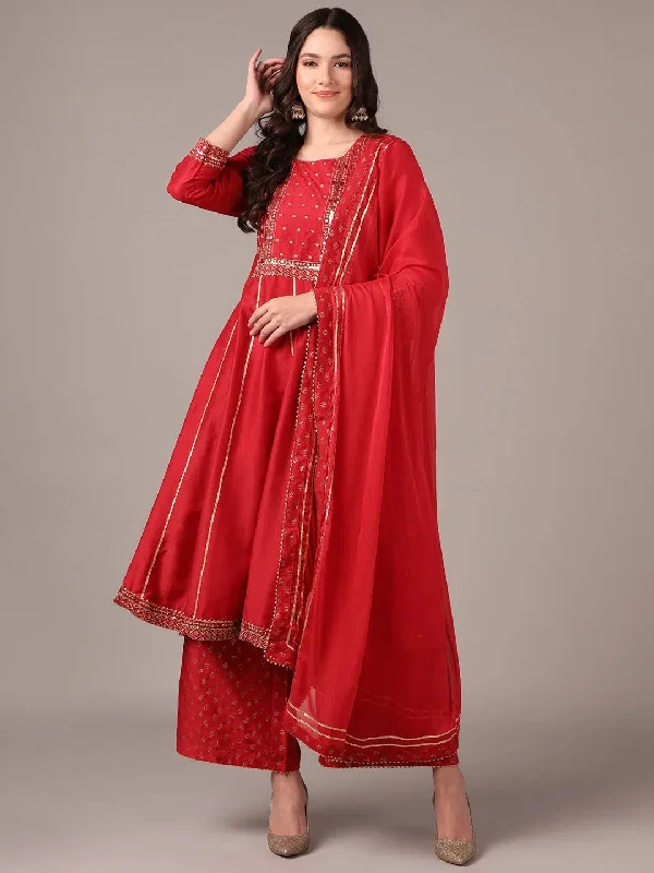 Ahika Women Red Silk Blend Solid Yoke Design Zari Anarkali Kurta Palazzo With Dupatta-PKSKD2038_XS