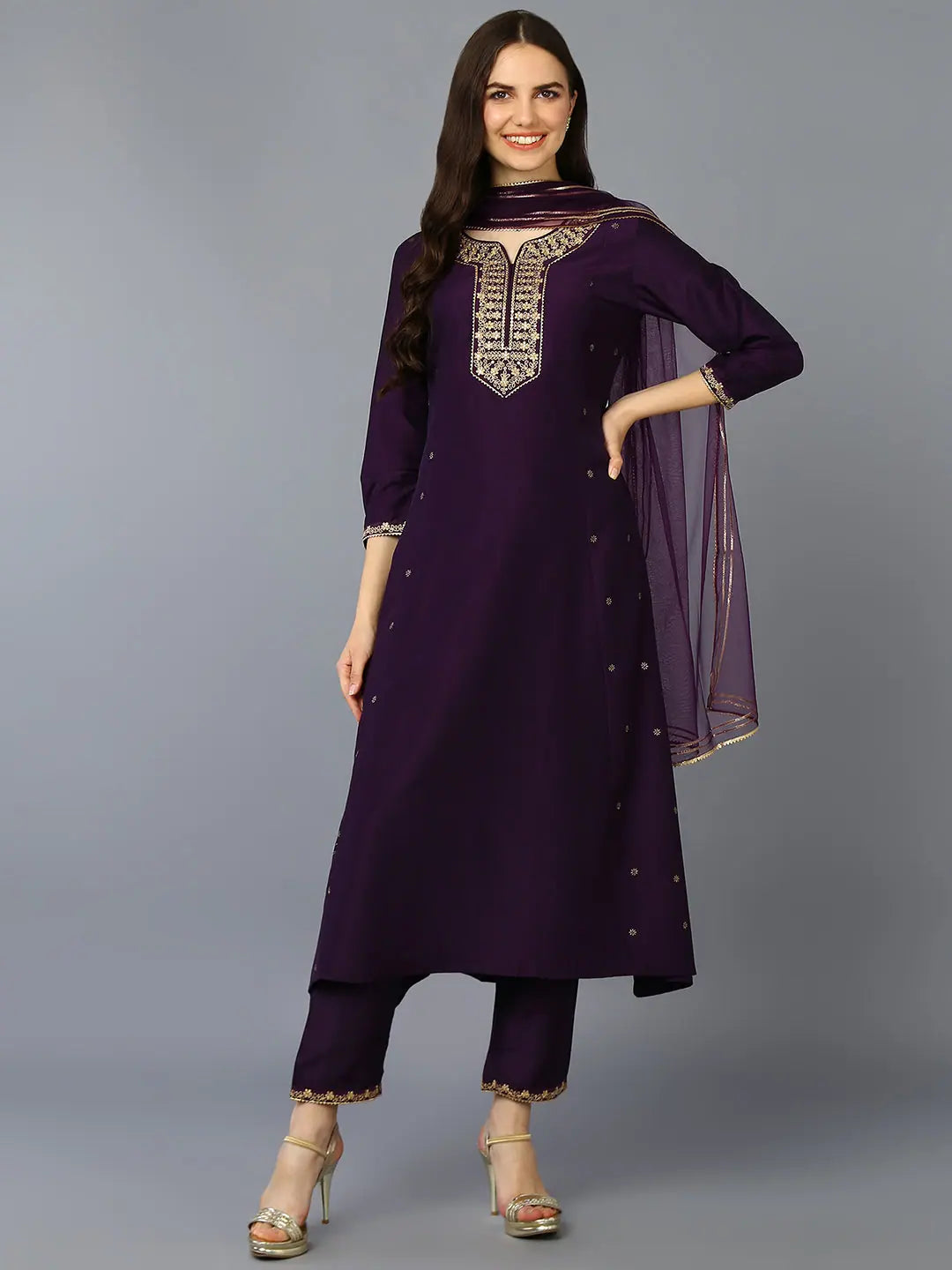 Silk Blend Purple Embroidered Flared Kurta Pant