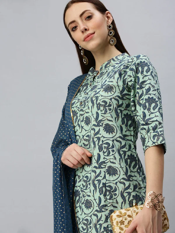 Women Straight Turquoise Blue Printed Kurta and Trousers Comes with Dupatta-BC1400B-Turquoiseblue