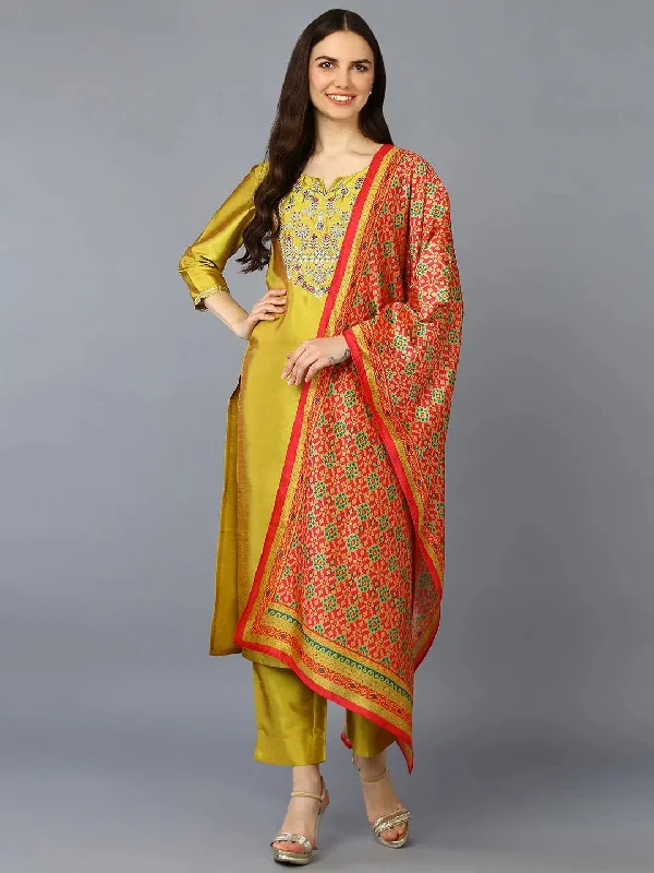 Silk Blend Yellow Printed Straight Kurta Pant-PKSKD1966_XS