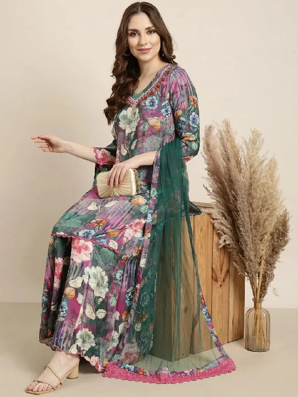 Women Straight Green Floral Kurti and Palazzos Set Comes With Dupatta-BC-SK-1935-Green