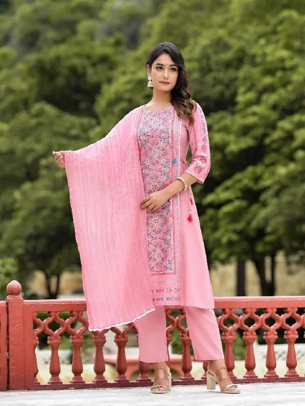 Peach Floral Printed Liva Rayon Kurta Pant & Dupatta Set With Doris At Waist & Thread Work & Tassels-J4666PEACH