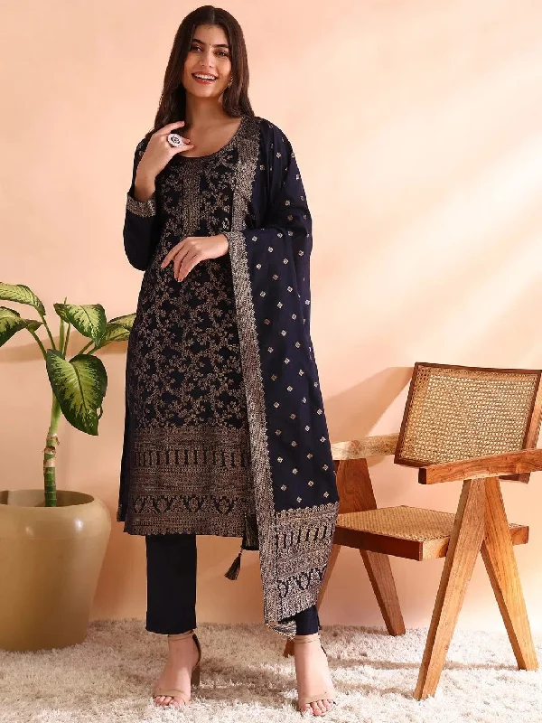 Ahika Women Navy Blue Chanderi Cotton Woven Design Straight Kurta Trousers With Dupatta-PKSKD2591