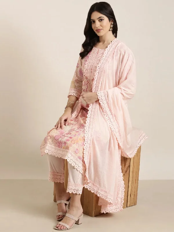 Women Straight Peach Floral Kurta and Trousers Set Comes With Dupatta-UB-2872-Peach