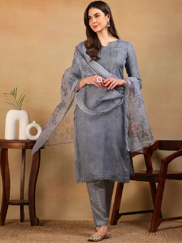 Ahika Women Grey Organza Embroidered Straight Kurta Pant Set With Dupatta-PKSKD2311_S