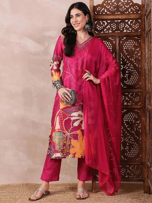 Ahika Women Pink Silk Blend Floral Printed Straight Kurta Trouser With Dupatta-PKSKD2518PNK