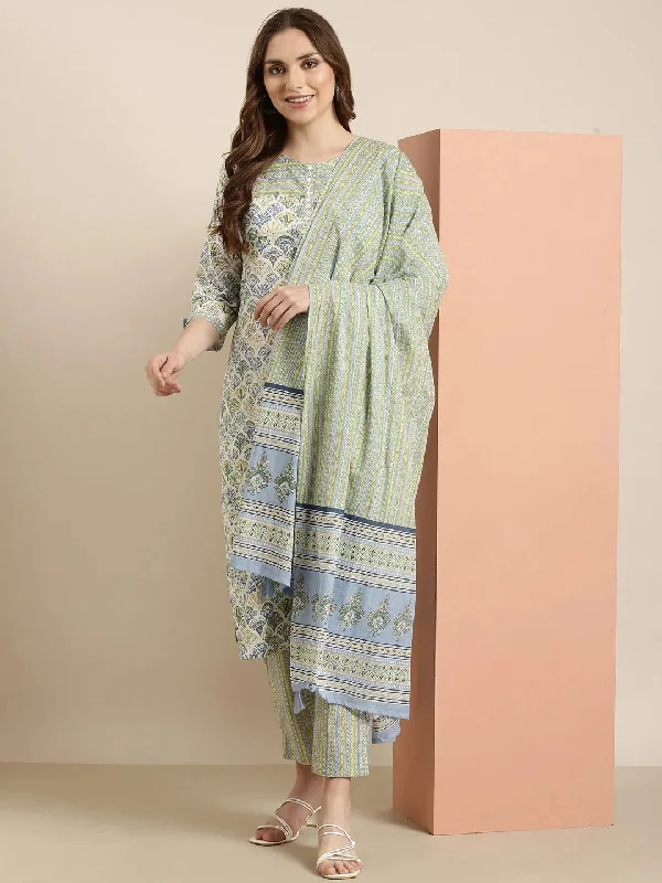 Women Straight Green Floral Kurta and Trousers Set Comes With Dupatta-AT-A1219-KPD-Green