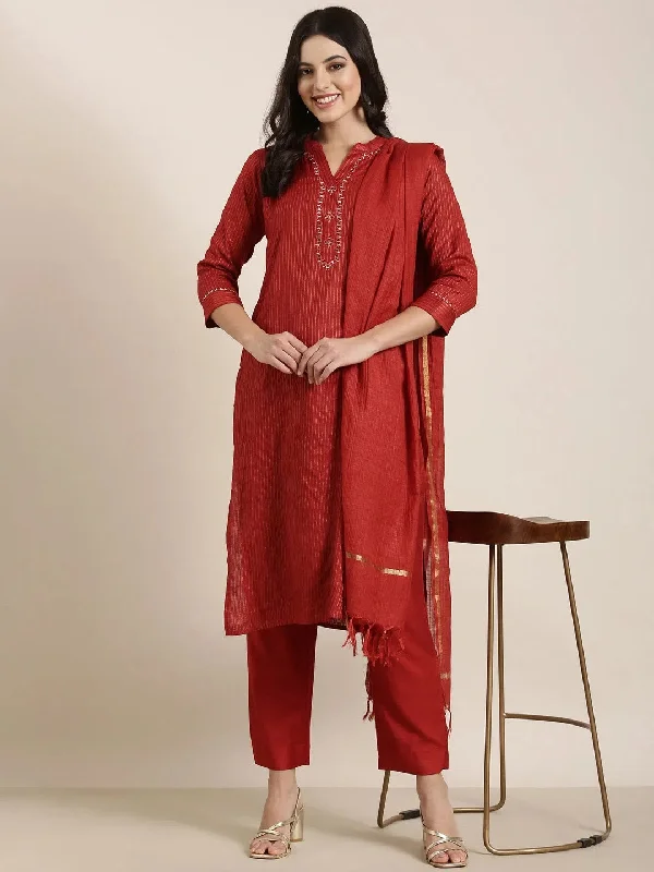 Women Straight Red Striped Kurta and Trousers Set Comes With Dupatta-SS-457-Red