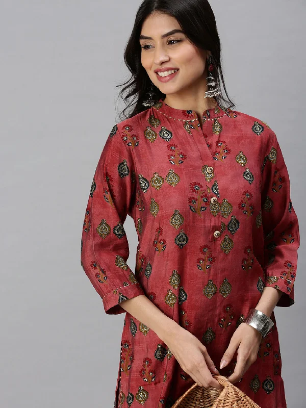 Women Straight Magenta Printed Kurta and Trousers-BC1142-Magenta