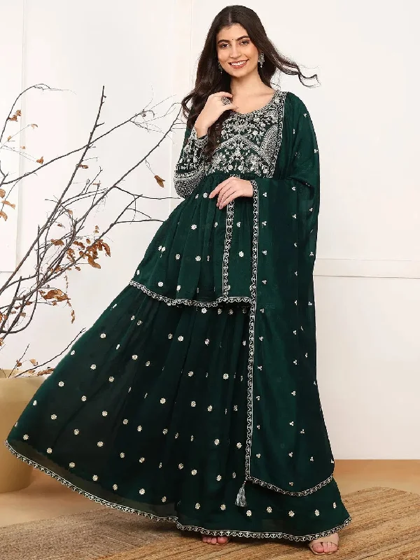 Ahika Women Green Silk Blend Solid Embroidered A-Line Kurta Skirt With Dupatta-PKSKD2588