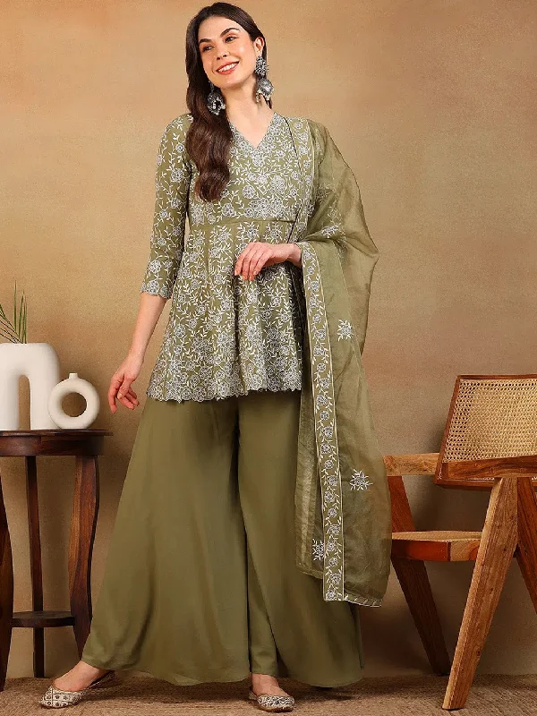 Ahika Women Olive Georgette Embroidered A-Line Kurta Palazzo Set With Dupatta