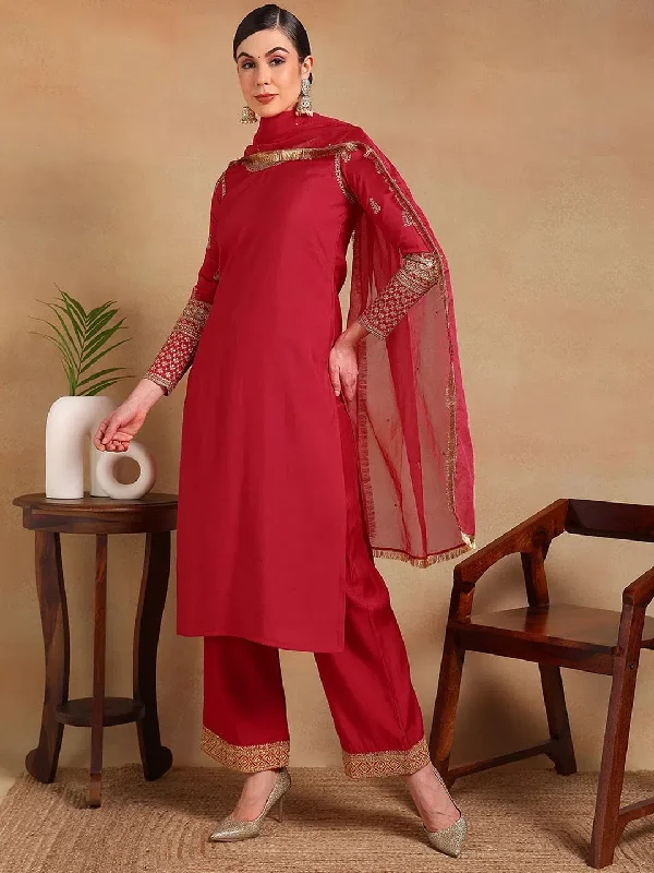 Ahika Women Red Silk Blend Embroidered Straight Kurta Pant Set With Dupatta-PKSKD2227_S