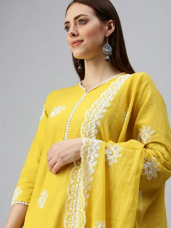 Women A-Line Yellow Embroidered Kurta and Trousers Comes with Dupatta-AB01-Yellow