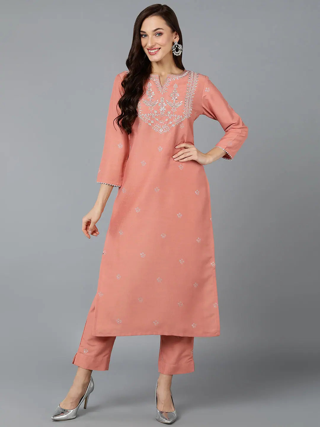 Silk Blend Coral Peach Straight Kurta With