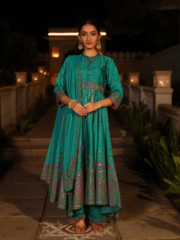 Sea Green Ethnic Motif Printed Slub Satin Kurta Pant And Chiffon Dupatta Set With Buttons & Lace-J4637SEAGREEN