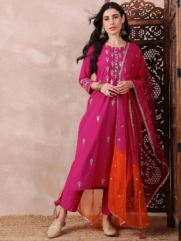 Ahika Women Pink Silk Blend Solid Embroidered Straight Kurta Trouser With Dupatta-PKSKD2618