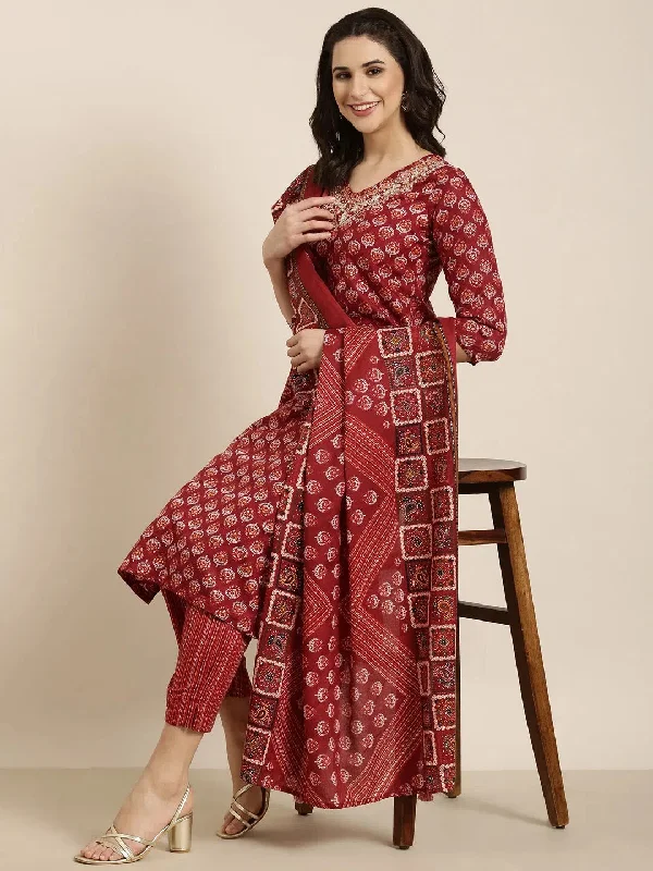 Women Straight Maroon Ethnic Motifs Kurta and Trousers Set Comes With Dupatta-AT-A1390-KPD-Maroon