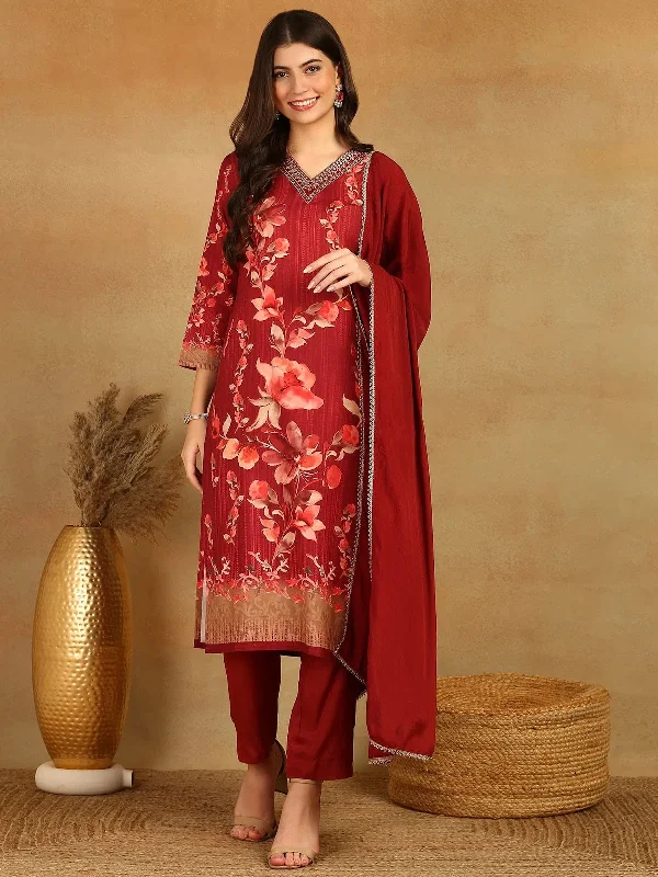 Ahika Women Maroon Rayon Blend Floral Printed Straight Kurta Trouser With Dupatta-PKSKD2526MRN