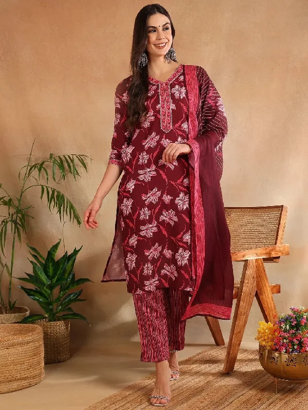 Ahika Women Maroon Rayon Blend Floral Printed Straight Kurta Trouser With Dupatta-VKSKD2236