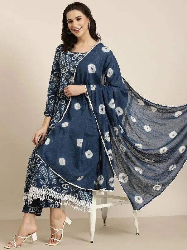 Women Anarkali Navy Blue Paisley Kurta and Trousers Set Comes With Dupatta-UB-3002-Navyblue