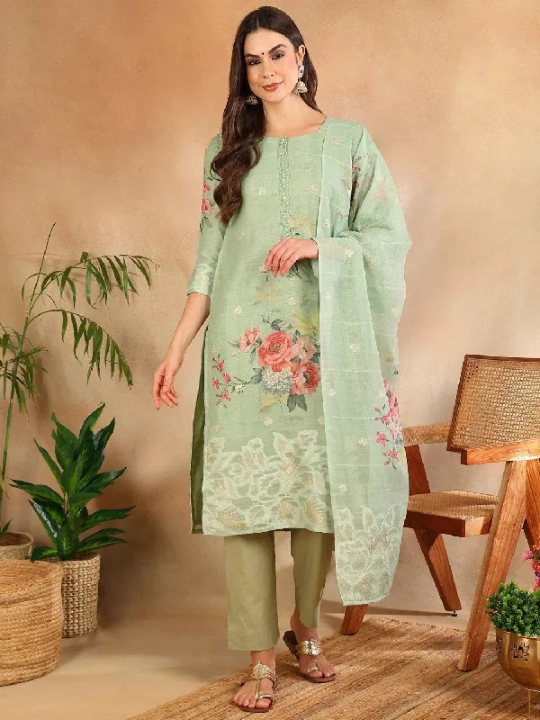 Ahika Women Green Linen Blend Floral Woven Design Straight Kurta Trouser With Dupatta-PKSKD2652