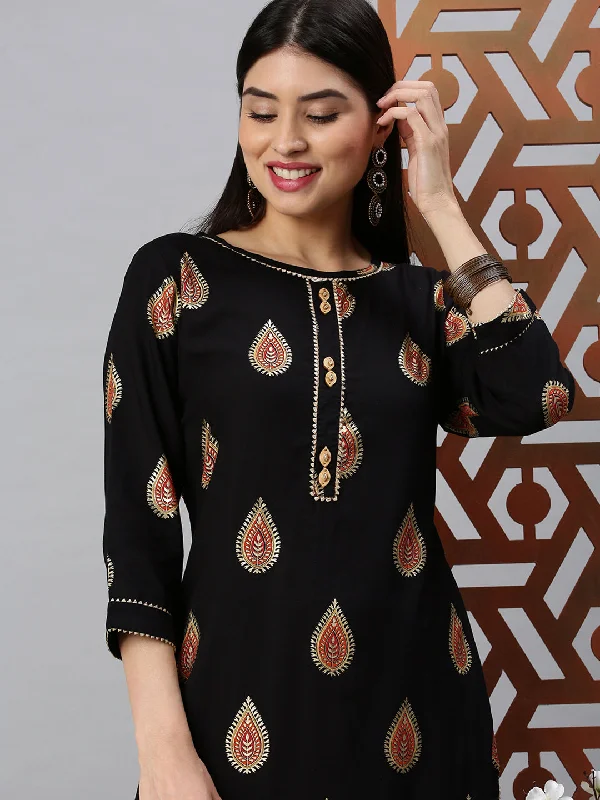 Women Straight Black Printed Kurta and Palazzos-BC836-Black