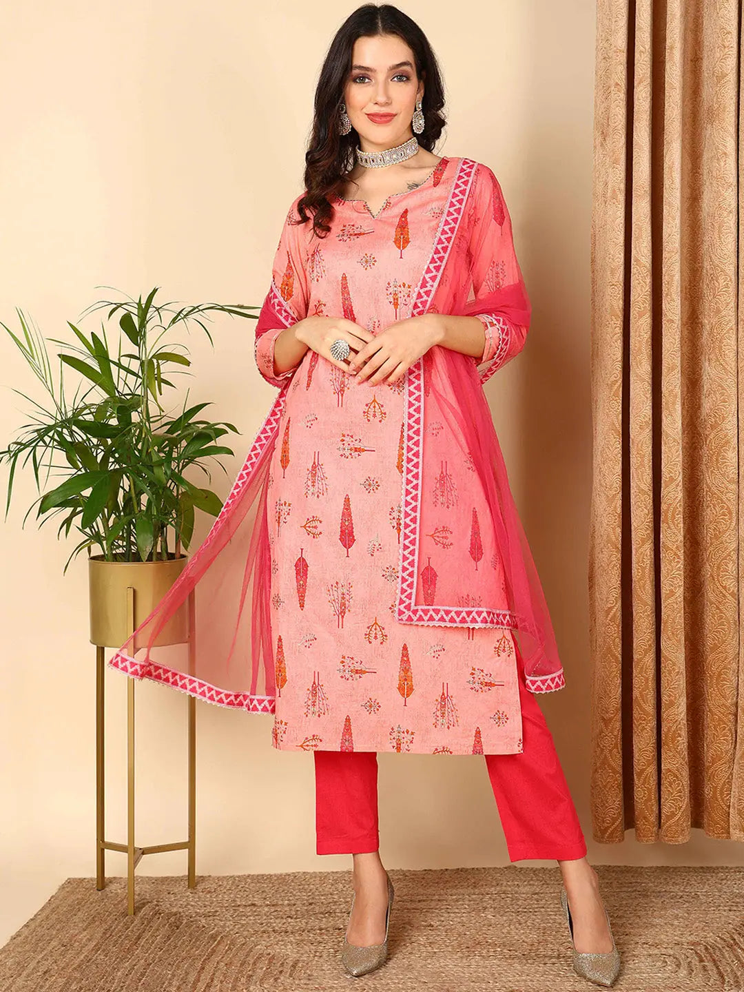 Ahika Women Pink Pure Cotton Ethnic Motifs Printed Straight Kurta Trouser With Dupatta-VKSKD1999_S