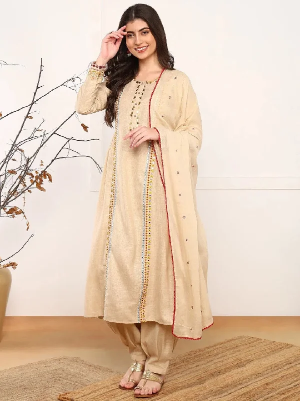 Ahika Women Beige Viscose Rayon Solid Embroidered A-Line Kurta Salwar With Dupatta-PKSKD2577