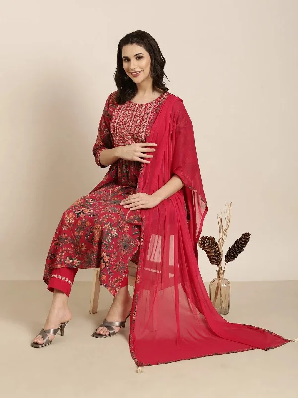 Women A-Line Pink Floral Kurta and Trousers Set Comes With Dupatta-AT-A1224-KPD-Pink