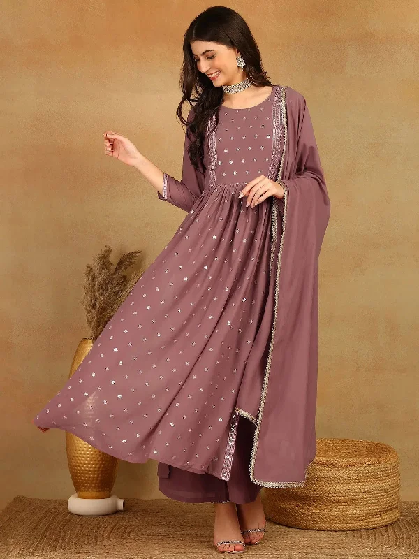 Ahika Women Mauve Georgette Solid Embroidered Straight Kurta Palazzo With Dupatta-PKSKD2521PNK